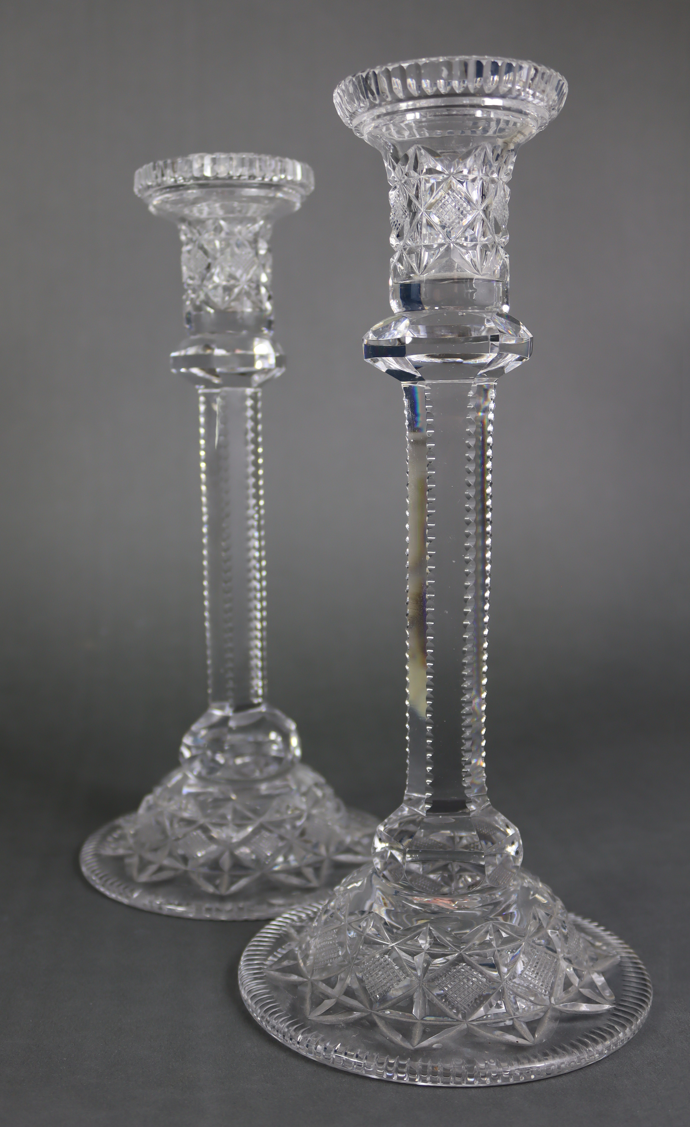 A pair of large cut-glass candlesticks, each with hobnail decoration, hexagonal faceted column, & - Image 2 of 10