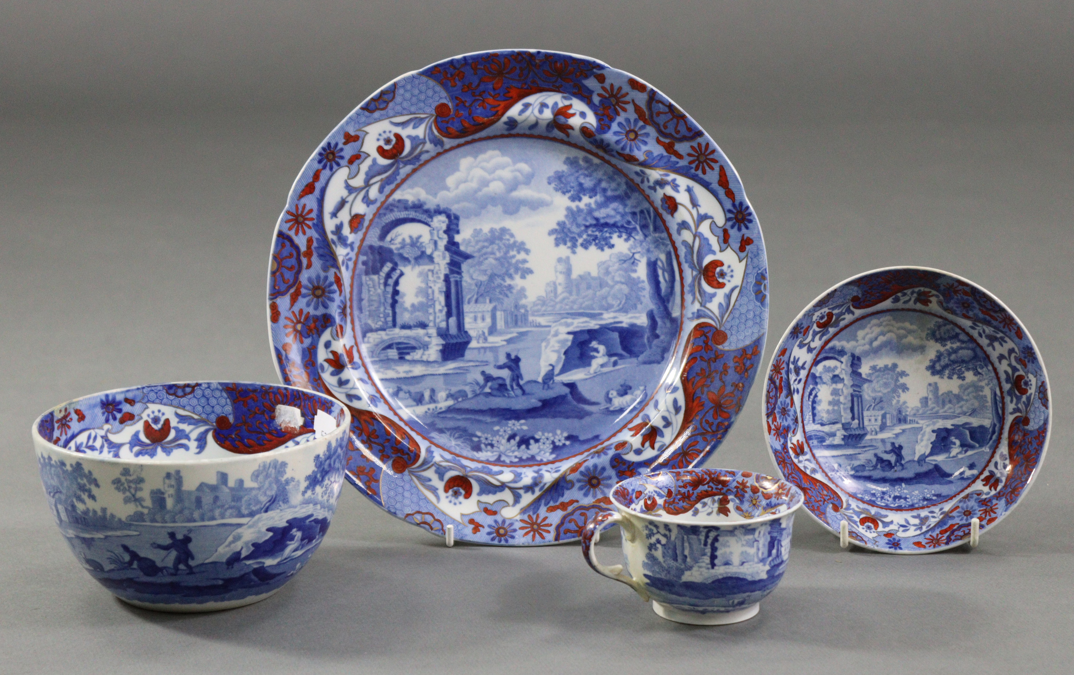 An early 19th century Spode blue transfer “Clobbered Italian Pattern” plate, with iron-red & gilt - Image 2 of 3