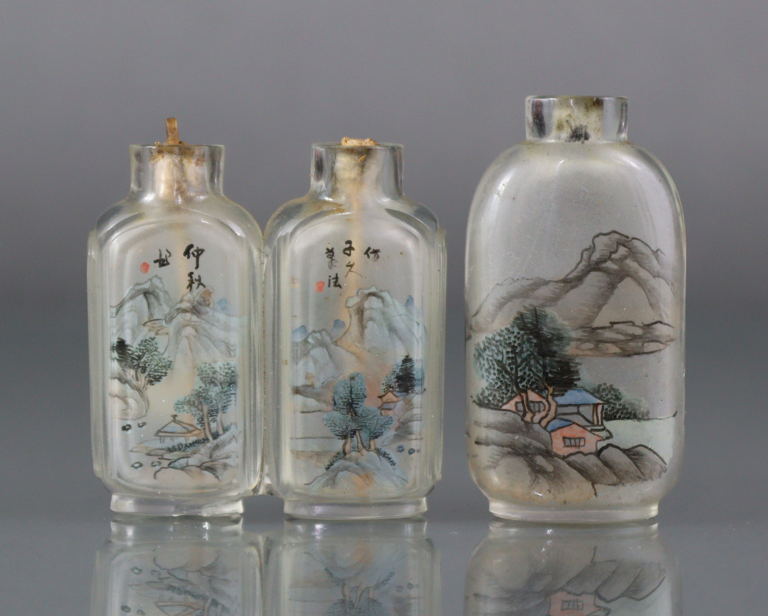 Two Chinese inside-painted glass snuff bottles, the larger 2¼” bottle of rounded rectangular form, - Image 2 of 6