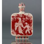 A Chinese stained ivory snuff bottle of flat-sided rectangular form, each side decorated with