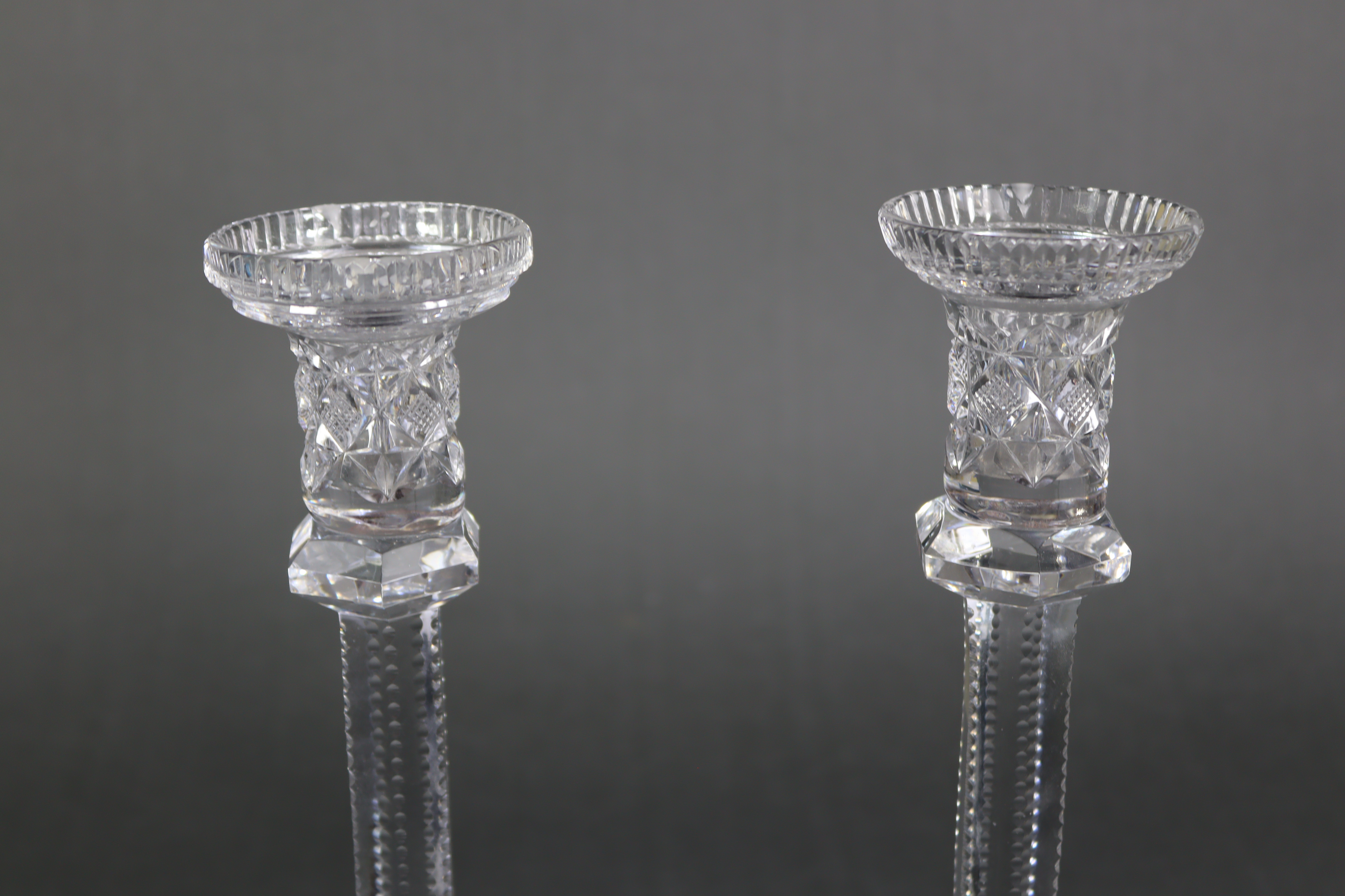A pair of large cut-glass candlesticks, each with hobnail decoration, hexagonal faceted column, & - Image 4 of 10