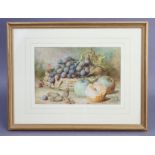 JOSEPH BUNKER (British, 19th century). Still life of a basket of grapes, hazelnuts, apples & orange.