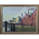 PHILIP HEMSLEY (British, 20th century). “Dockland”. Signed lower right; oil on board: 30” x 40”,