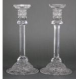 A pair of large cut-glass candlesticks, each with hobnail decoration, hexagonal faceted column, &