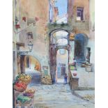 MICHELE ALLAVENA (Italian, 1863-1963). A rural courtyard with figures & fruit stalls. Signed lower