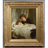 ENGLISH SCHOOL, 19th century. A mother nursing her child. Oil on canvas: 20” x 16”, in giltwood &