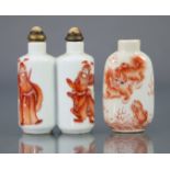 A Chinese porcelain double snuff bottle, decorated in iron-red with Zhong Kui to one side & bats