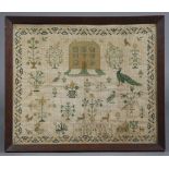 An early Victorian pictorial needlework sampler worked by Ann Kirby, Aged Eight Years, dated 1845,