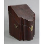 A George III inlaid mahogany knife box sloping with hinged lid & serpentine front, with brass side