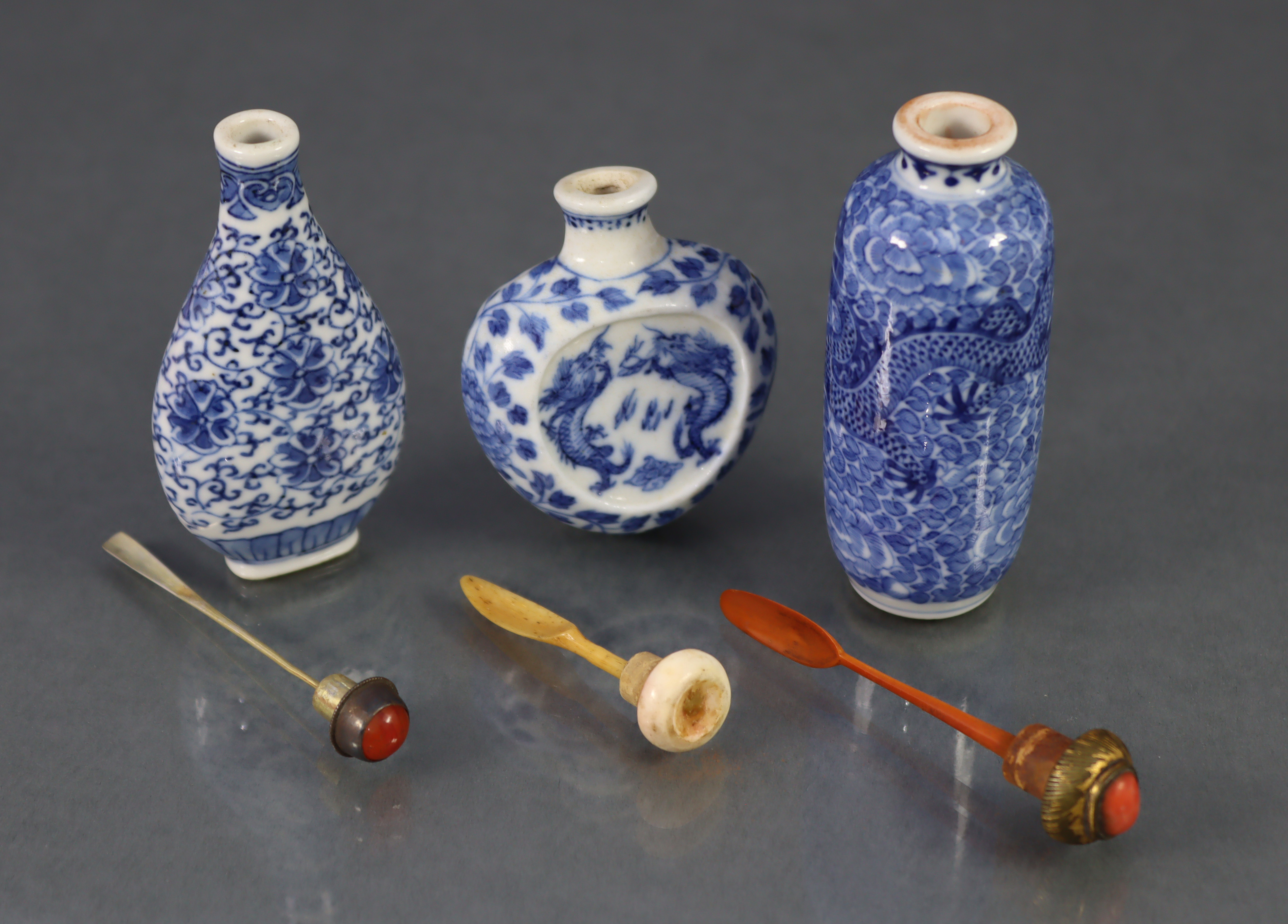 Three Chinese blue & white porcelain snuff bottles, comprising a peach form flat-sided bottle, - Image 3 of 8