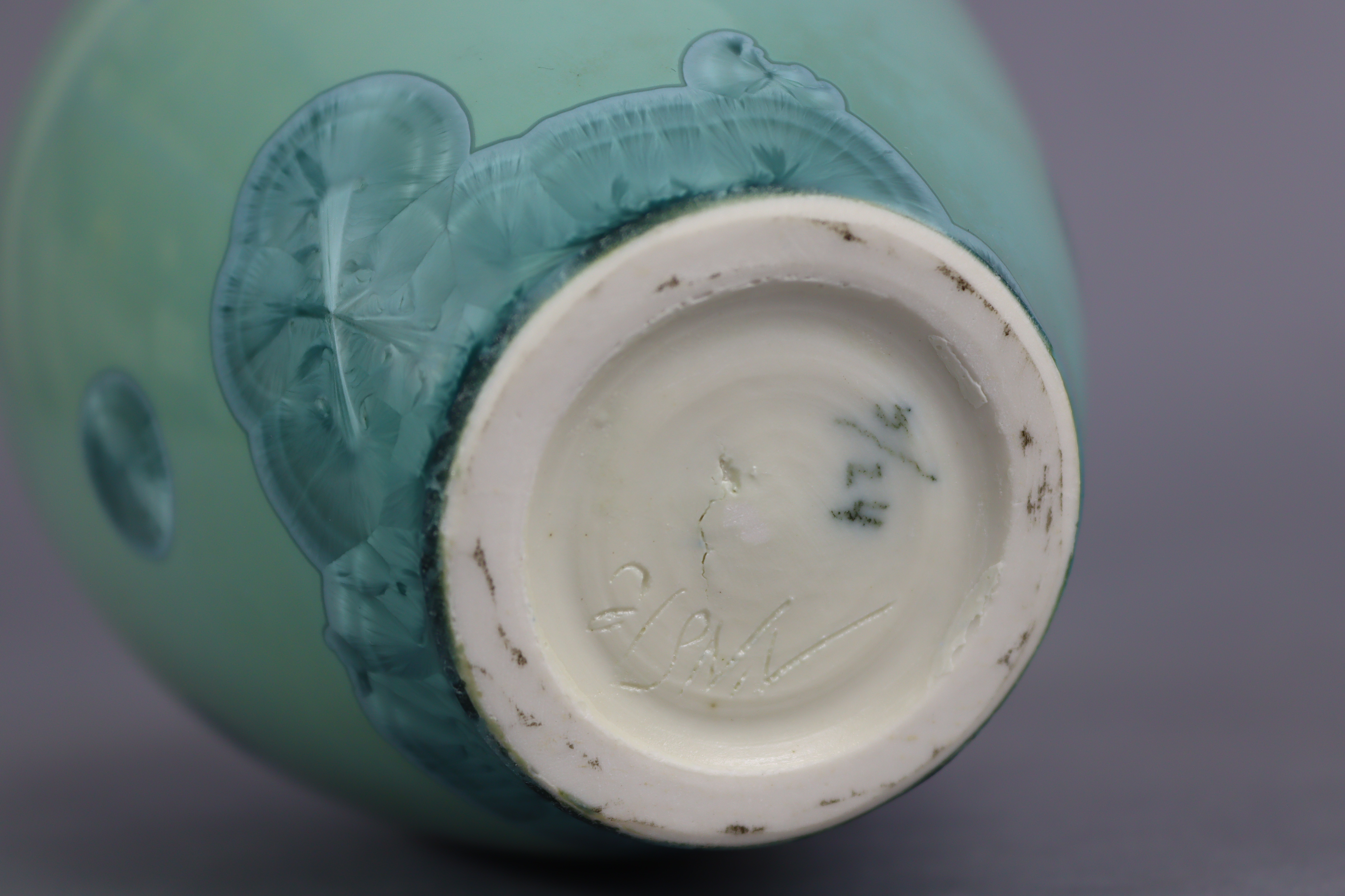 A contemporary studio porcelain bottle vase with narrow neck, celadon glazed with turquoise - Image 5 of 7