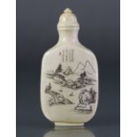 A Chinese carved ivory snuff bottle of rounded flat-sided rectangular form with bell-shaped stopper,