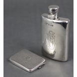 A Victorian silver spirit flask with locking hinged lid & engraved monogram inscription to one side,
