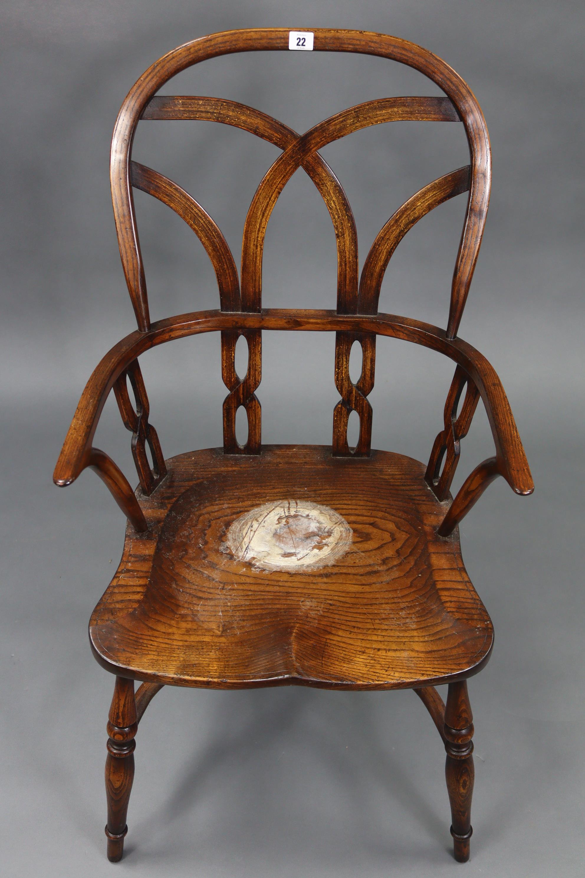 A Windsor-style ash & elm carver chair with pierced & shaped splats to the open back, with hard - Image 2 of 5