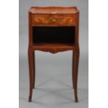 A continental-style marquetry-inlaid mahogany tray-top bedside cabinet fitted frieze drawer above an