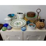 A Royal Doulton blue glazed stoneware bowl, 7” diam.; a Beswick ware floral decorated bowl, 9½”