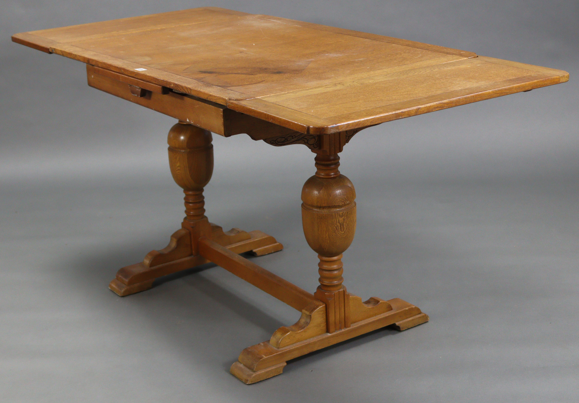 A Lebus oak draw-leaf dining table on bulbous-turned end supports joined by plain centre - Image 4 of 8