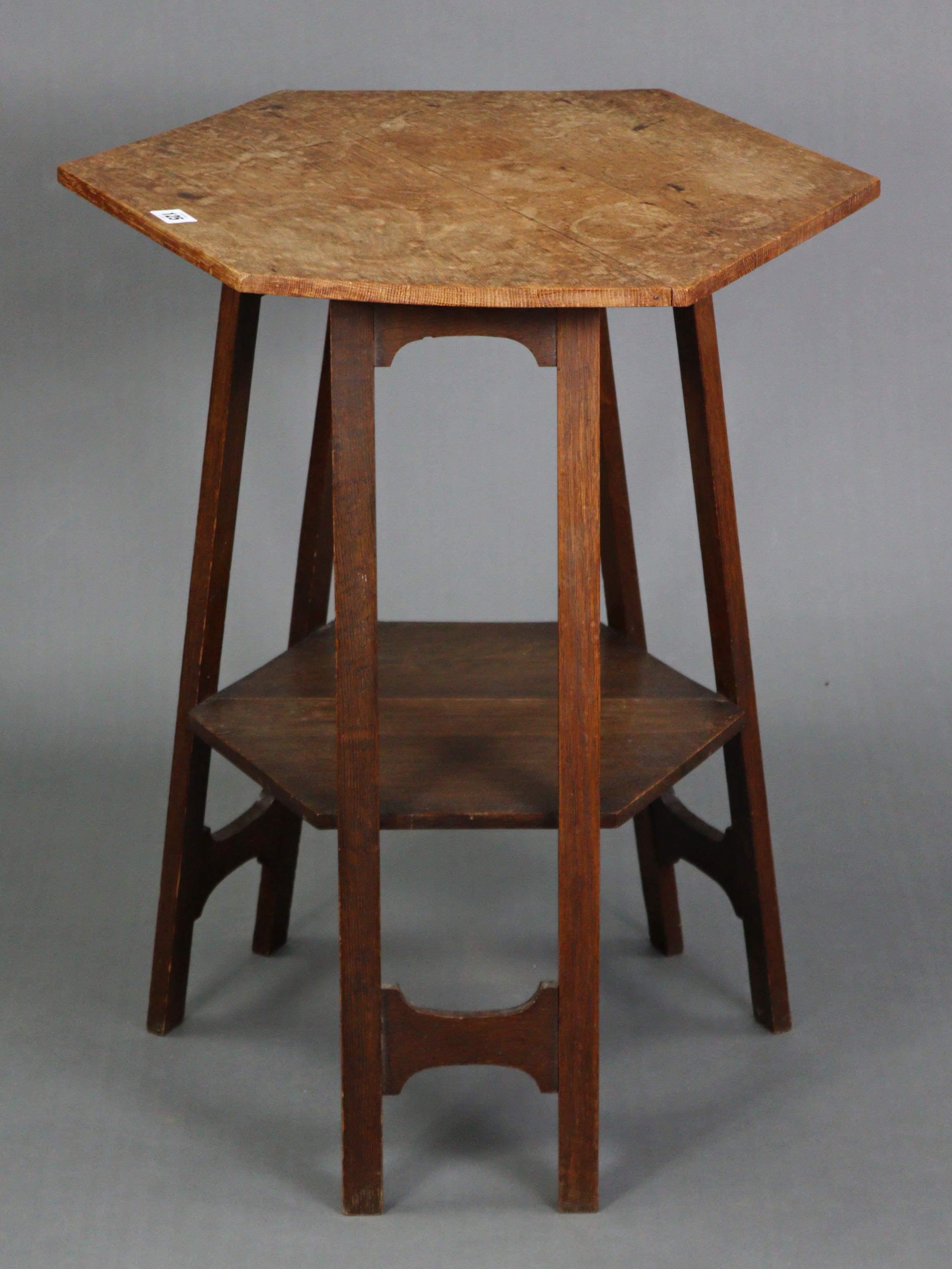 An Edwardian oak occasional table with six-sided top, & on three shaped supports, 22½” wide x 27” - Image 2 of 2