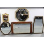 A cottage overmantel mirror in inlaid-beech frame, 36” x 21½”; together with five other mirrors.