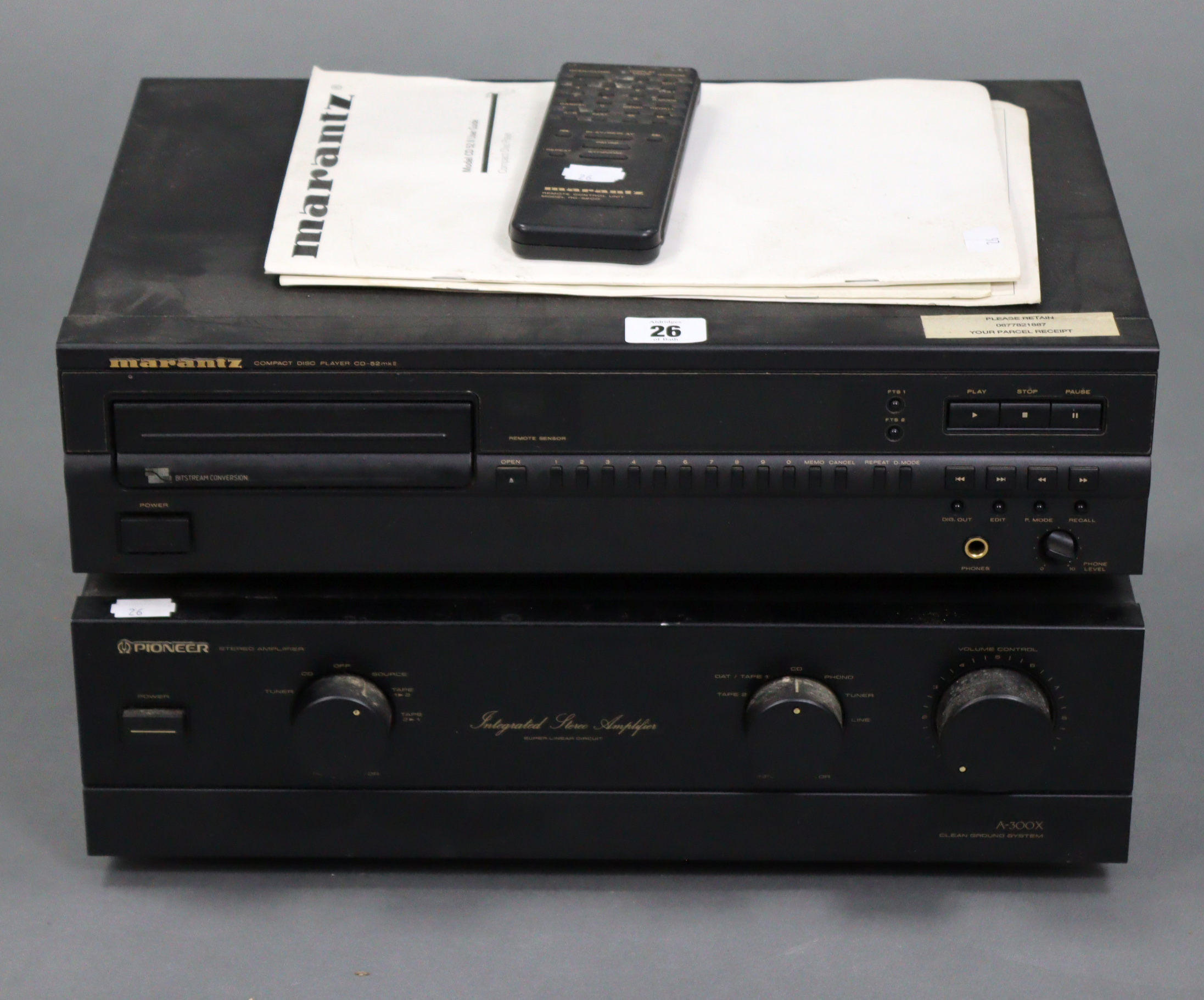 A Marantz CD player with remote control; & a Pioneer Integrated Stereo Amplifier, both w.o.