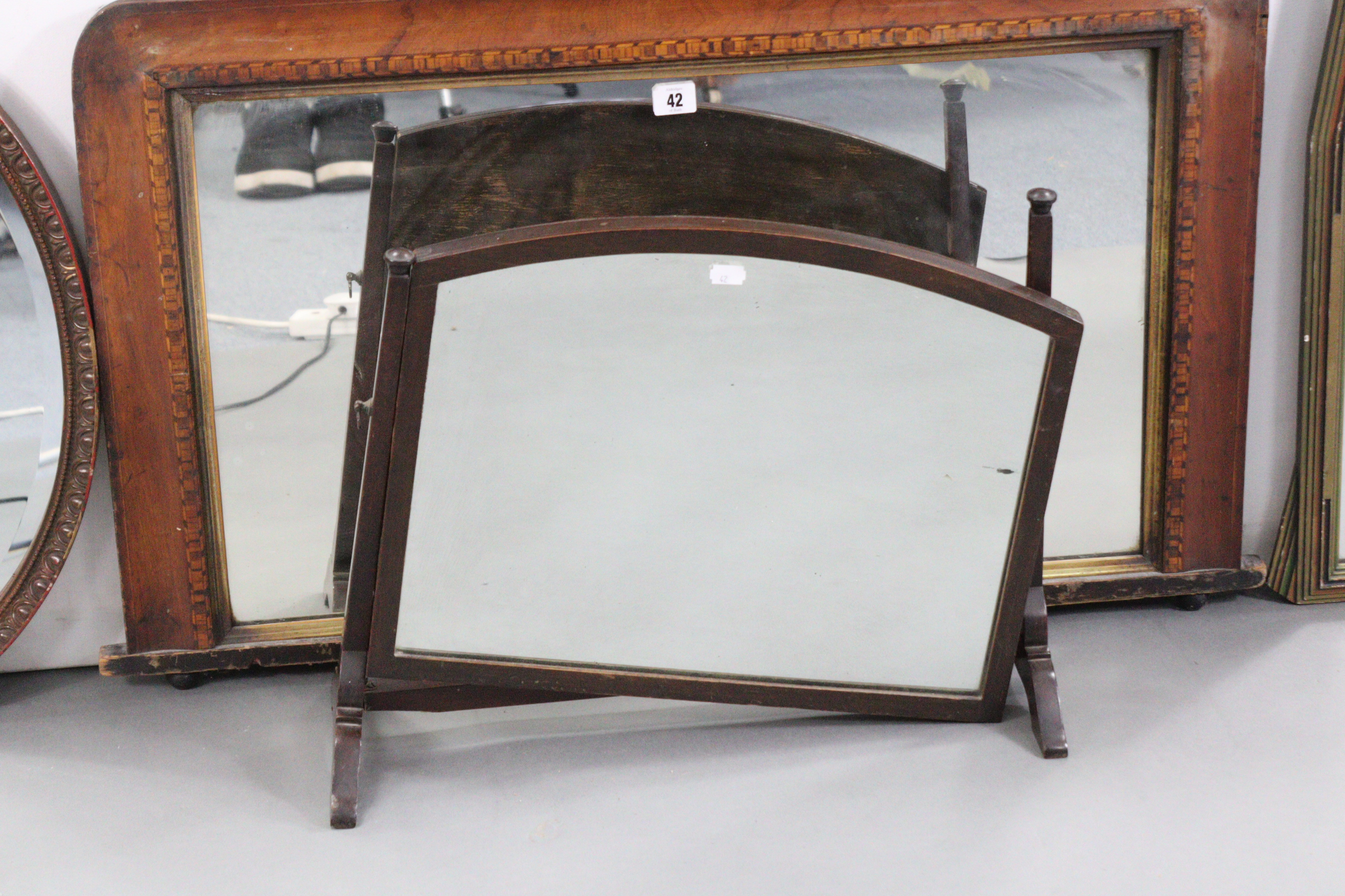 A cottage overmantel mirror in inlaid-beech frame, 36” x 21½”; together with five other mirrors. - Image 4 of 4