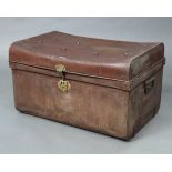 A grained tin travelling trunk with hinged lift-lid & wrought iron side handles, 28” wide x 16”