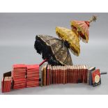 Various leather-bound & other books; together with an eastern-style painted wooden & cloth parasol.