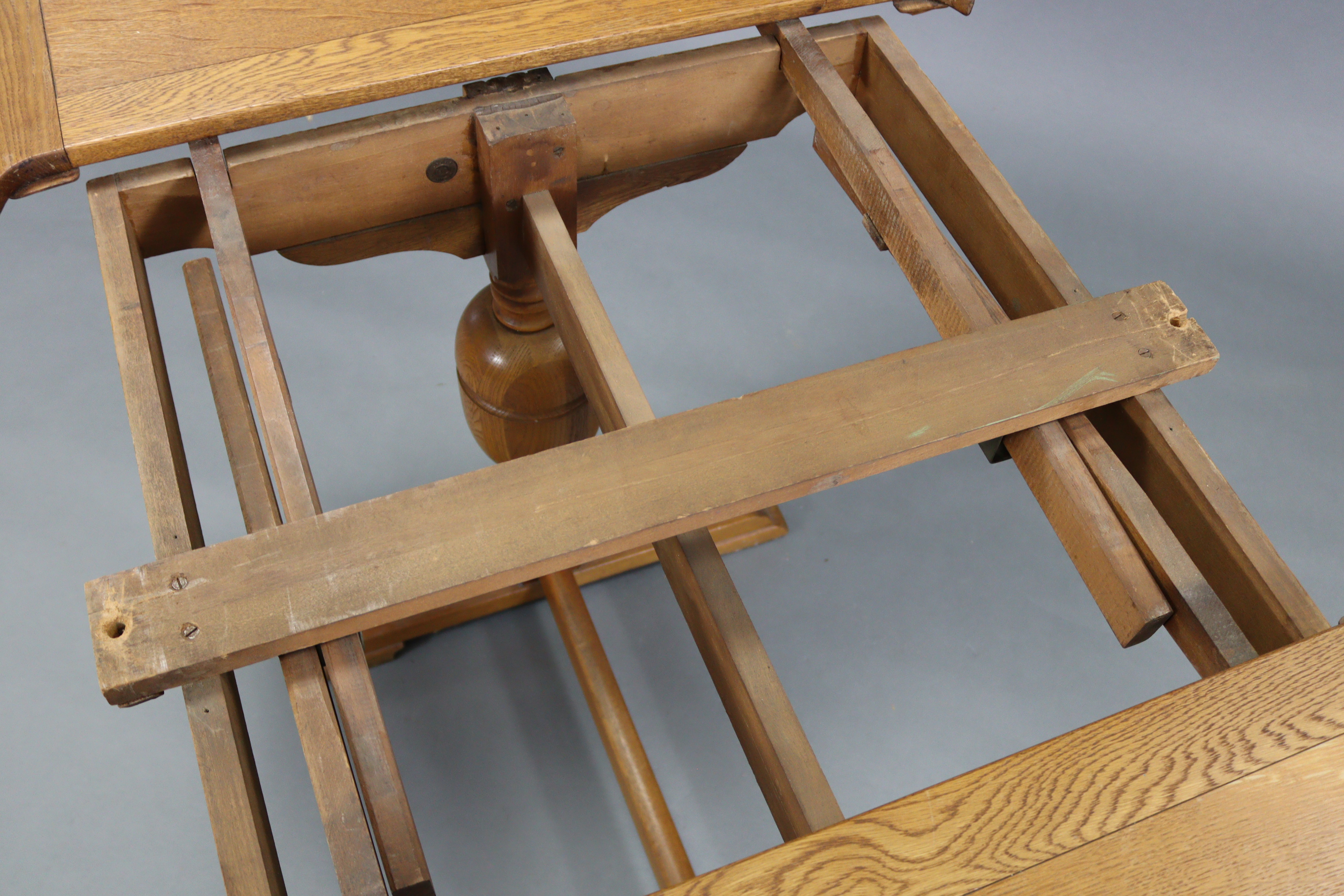 A Lebus oak draw-leaf dining table on bulbous-turned end supports joined by plain centre - Image 3 of 8