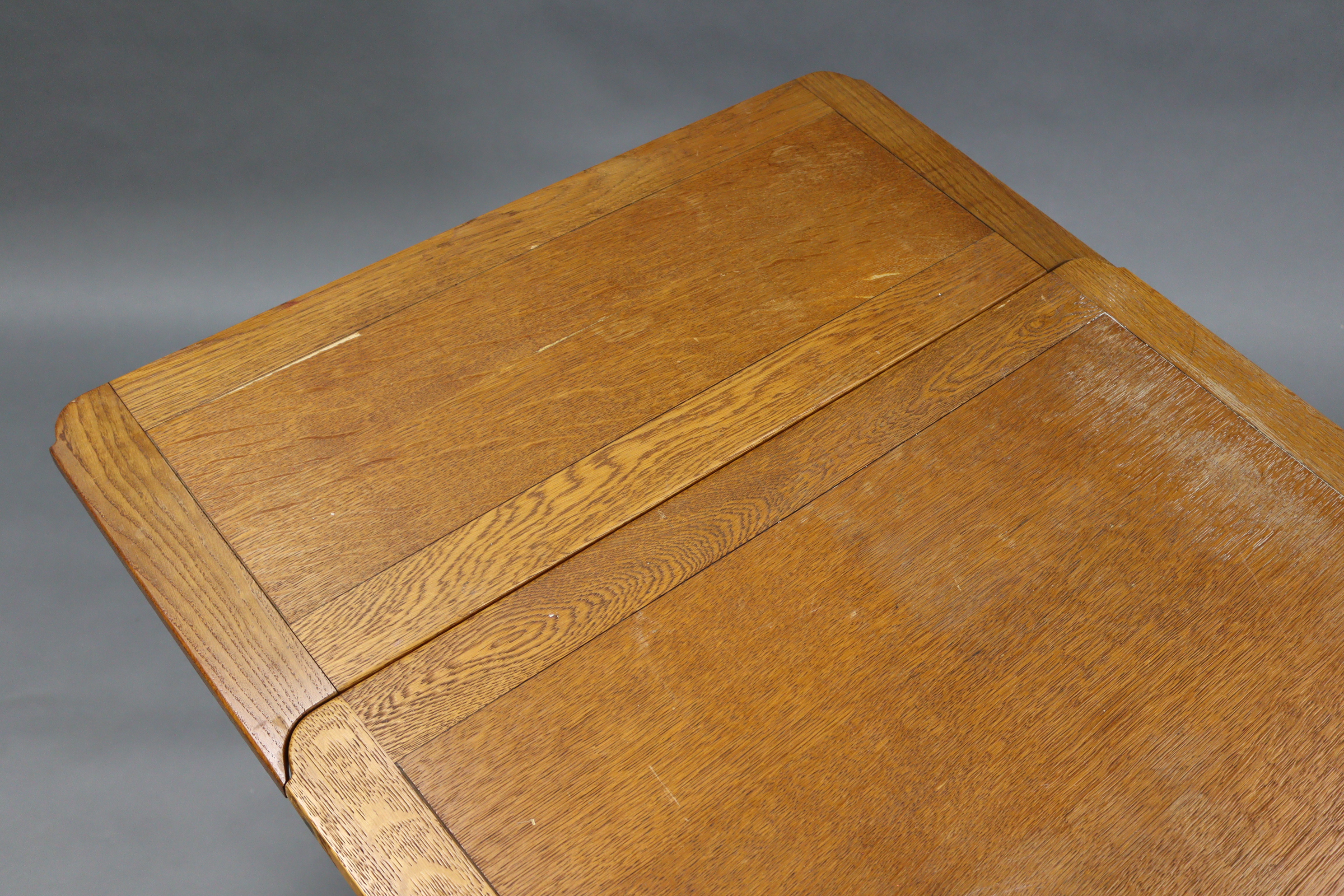 A Lebus oak draw-leaf dining table on bulbous-turned end supports joined by plain centre - Image 7 of 8