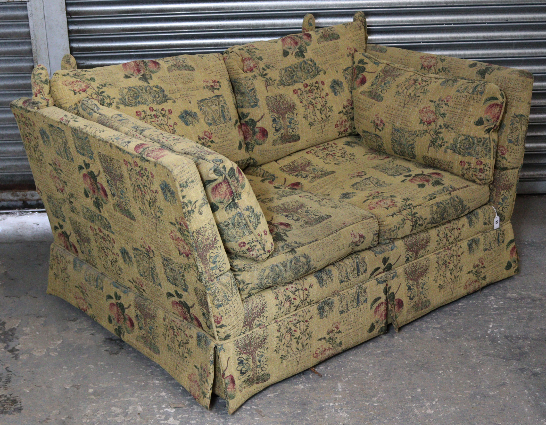 A Knole-style two-seater settee, upholstered cream material & with all-over repeating - Image 2 of 2
