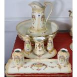 A Fielding’s Crown Devon “Lune” pattern toilet jug & basin; a ditto toothbrush vase; two ditto pairs