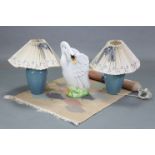 A pair of blue glazed ceramic ovoid table lamps, with shades; together with a novelty ceramic “Swan”