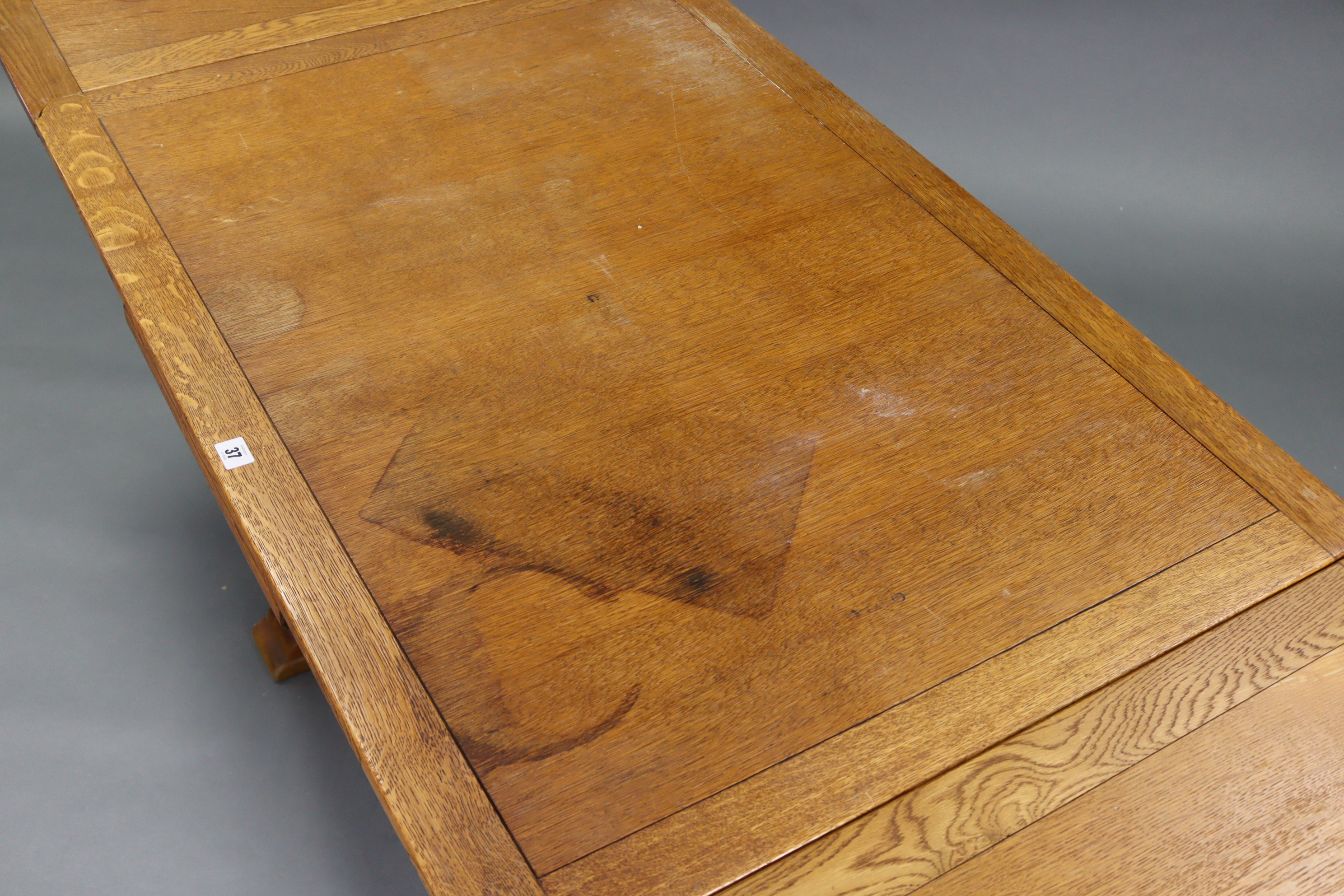 A Lebus oak draw-leaf dining table on bulbous-turned end supports joined by plain centre - Image 6 of 8