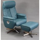 A swivel & reclining easy chair upholstered turquoise leatherette & on five silvered-metal legs; & a