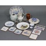 Seven various decorative pottery tiles; together with various other items of decorative pottery &