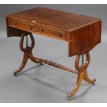 A reproduction inlaid yew wood sofa table, fitted two frieze drawers & on lyre-shaped end supports &