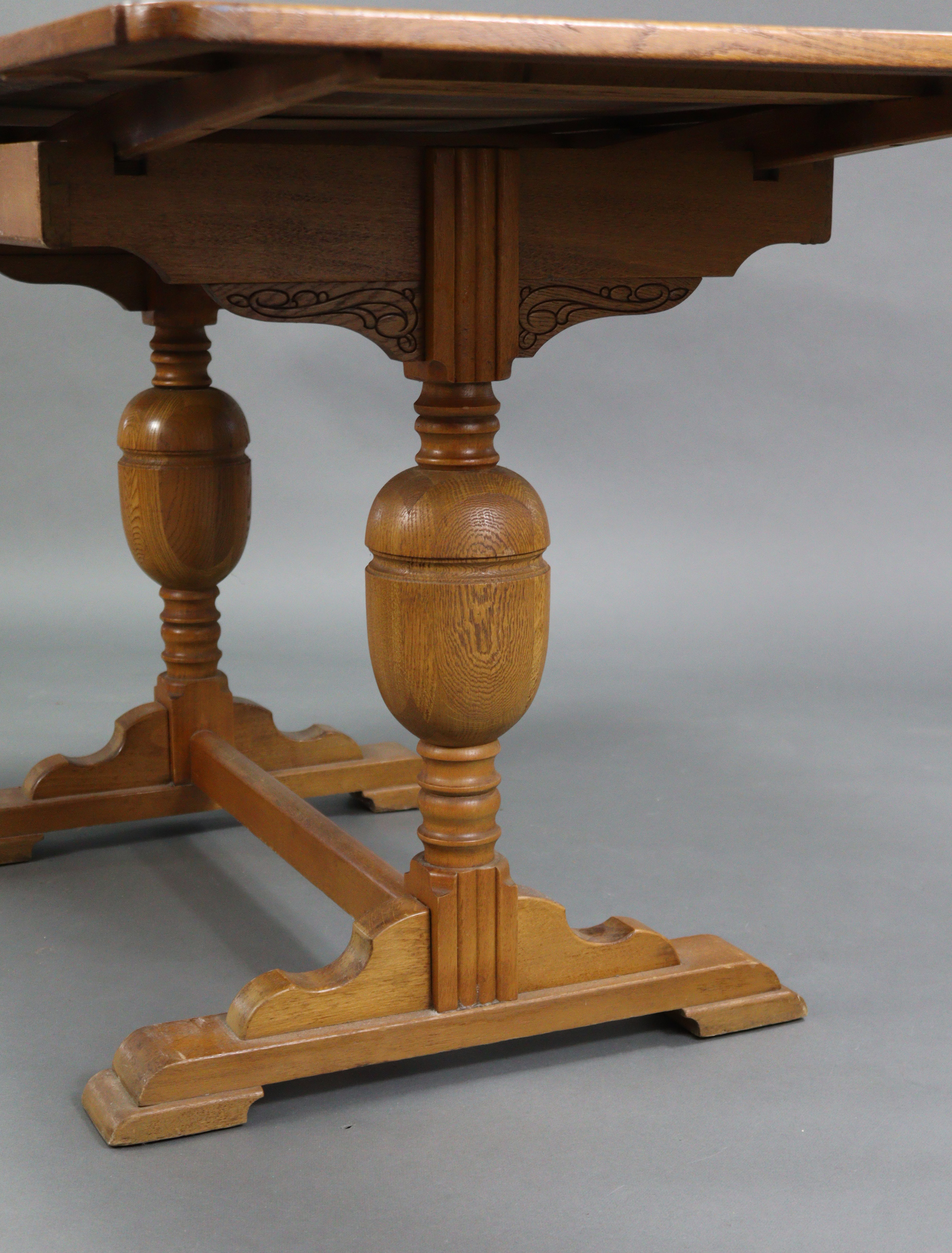 A Lebus oak draw-leaf dining table on bulbous-turned end supports joined by plain centre - Image 8 of 8