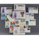Thirty-two GB First Day covers, 1966-1997; a few packs of mint stamps, & various loose stamps.