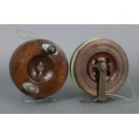 A mahogany & brass 5” centre-pin reel; & a mahogany & chrome 4¾” ditto.