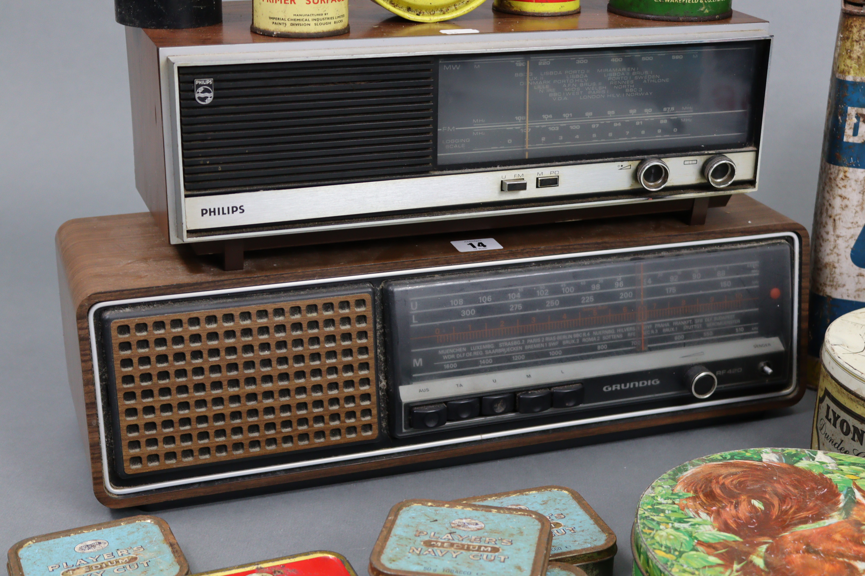 A Grundig radio receiver (model RF420); a Philips radio receiver; & various advertising tins. - Image 2 of 4