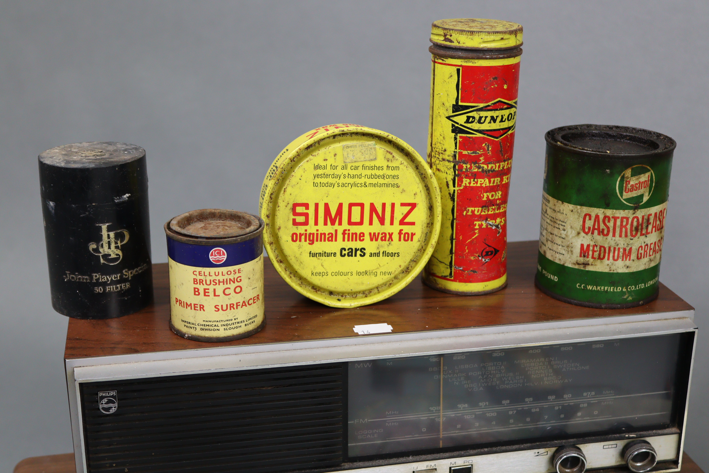A Grundig radio receiver (model RF420); a Philips radio receiver; & various advertising tins. - Image 3 of 4