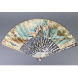 AN 18th century CONTINENTAL FAN, the velum leaf finely painted with an allegorical figure scene, the