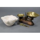 An alabaster mortar, 9¾” wide x 5¼” high; & a set of Avery kitchen scales with weights.