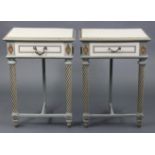 A pair of continental-style white, gold, & turquoise painted pine bedside tables each fitted end