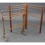 A late Victorian towel-horse with barley-twist end supports & cabriole legs, 27½” wide x 35” high; &