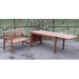 A teak slatted garden bench on square legs, 46” long; & a ditto rectangular drop-leaf garden