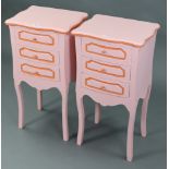 A pair of continental-style pink & orange painted wooden serpentine-front bedside chests, each