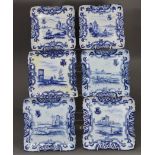 A set of six 19th century Dutch delft square dishes with shaped rims, painted with landscapes &