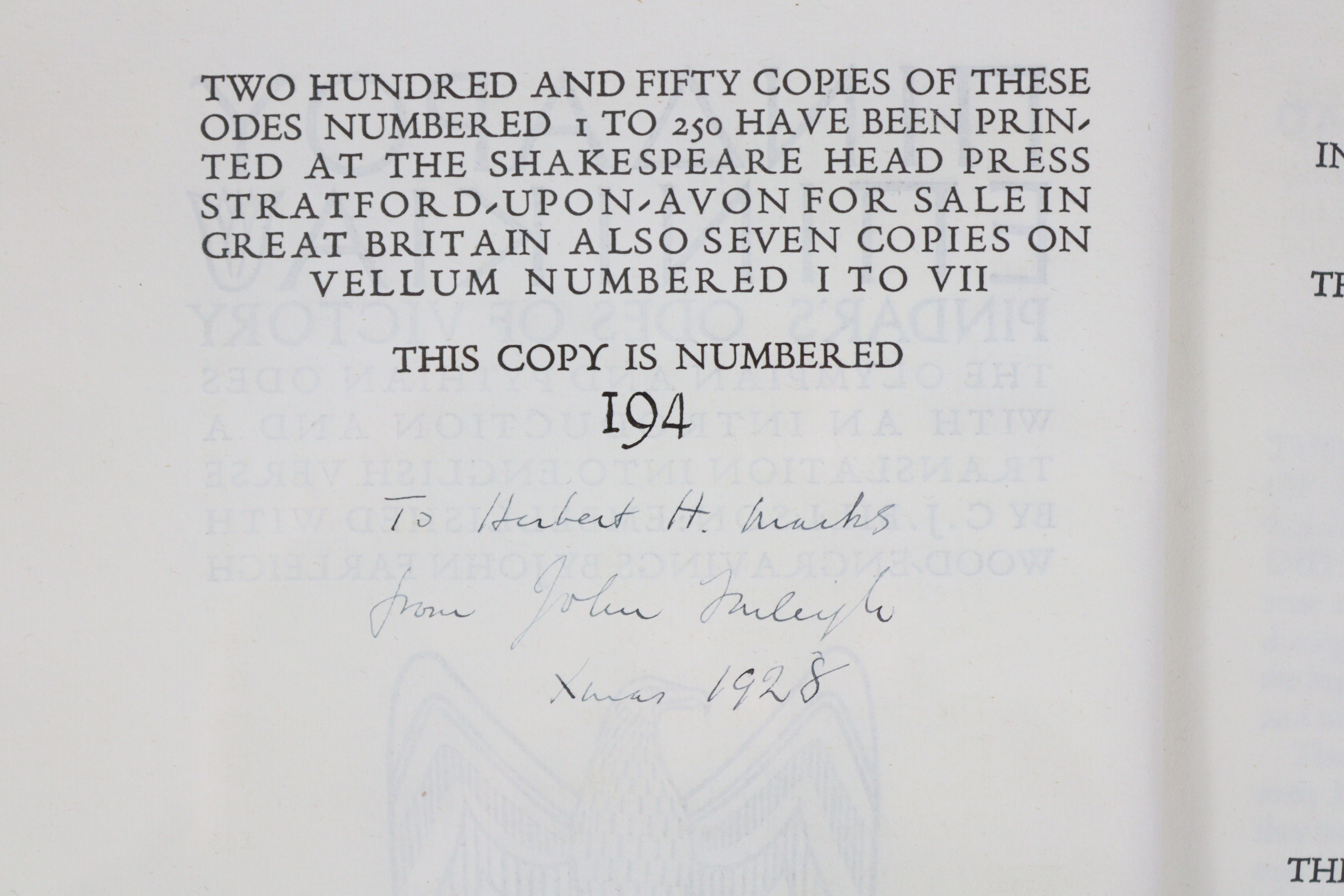 SHAKESPEARE HEAD PRESS: PINDAR: “Odes of Victory”; 2 vols. wood engravings by John Farleigh, vol - Image 12 of 19