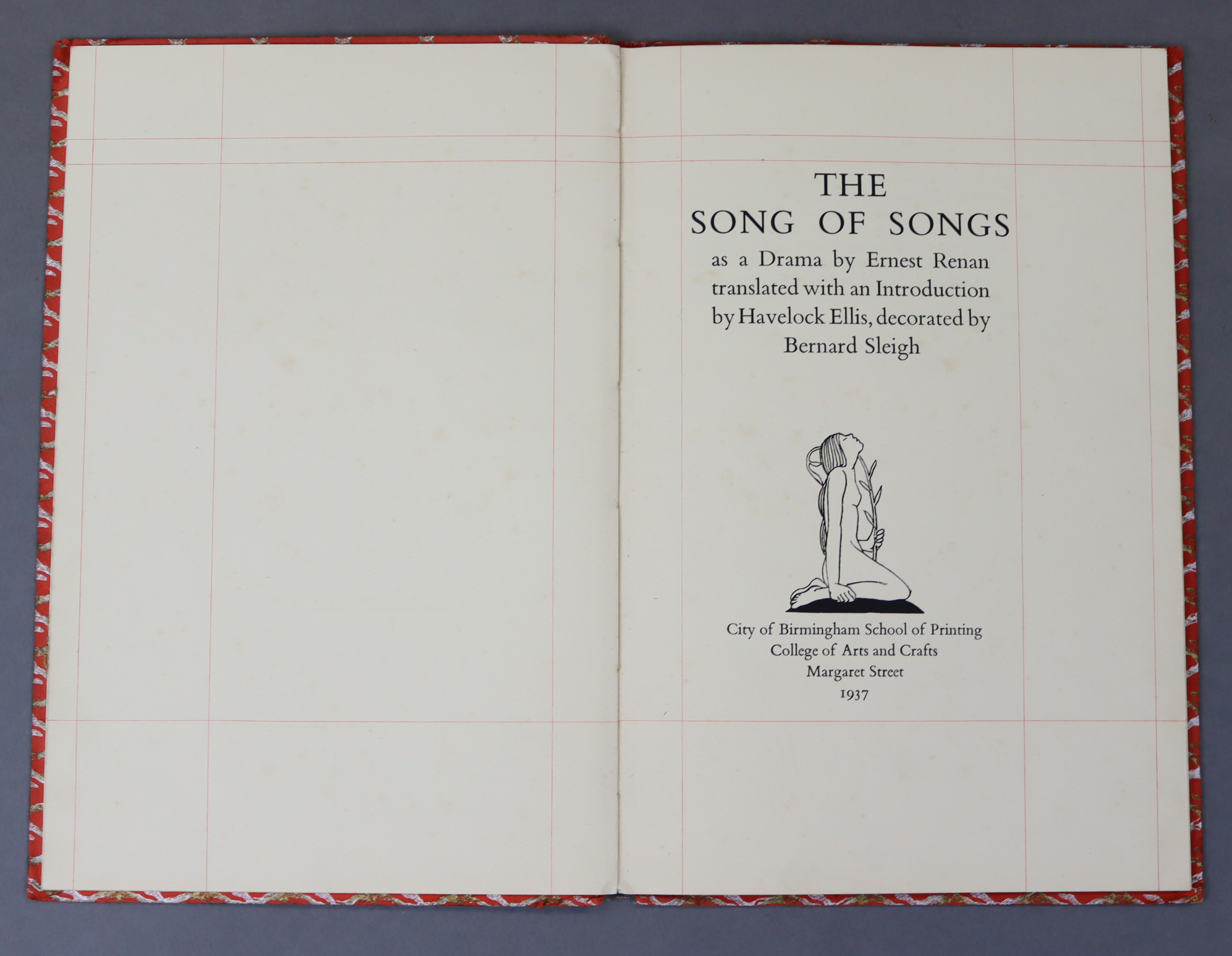 BIRMINGHAM SCHOOL OF PRINTING “The Story of Songs – As a Drama by Ernest Renan”, 1937, intro. &